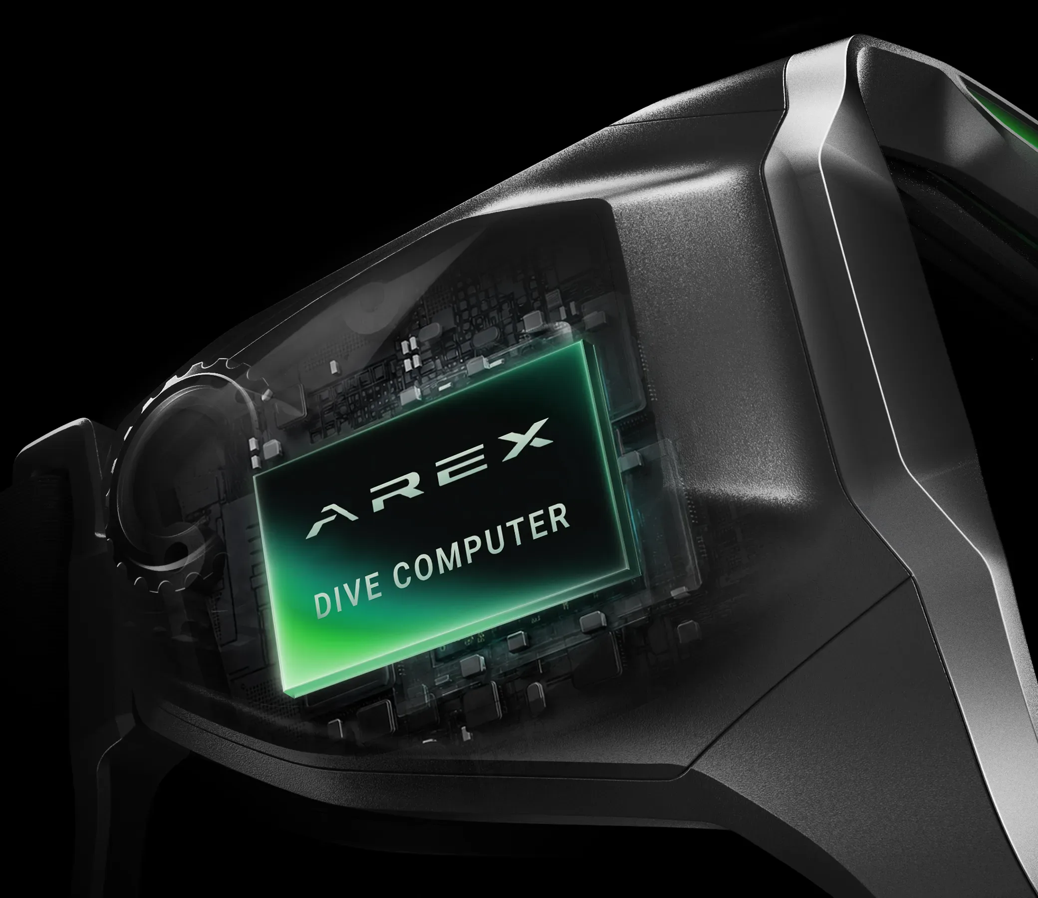 AREX dive computer module inside the mask hardware shell